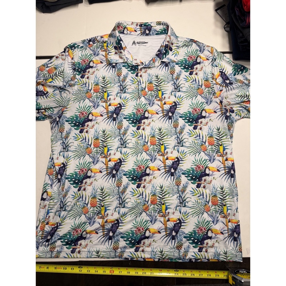 Royal & Awesome Mens XXL Golf Polo Shirt Tropical Toucan Parrot Pineapple Print